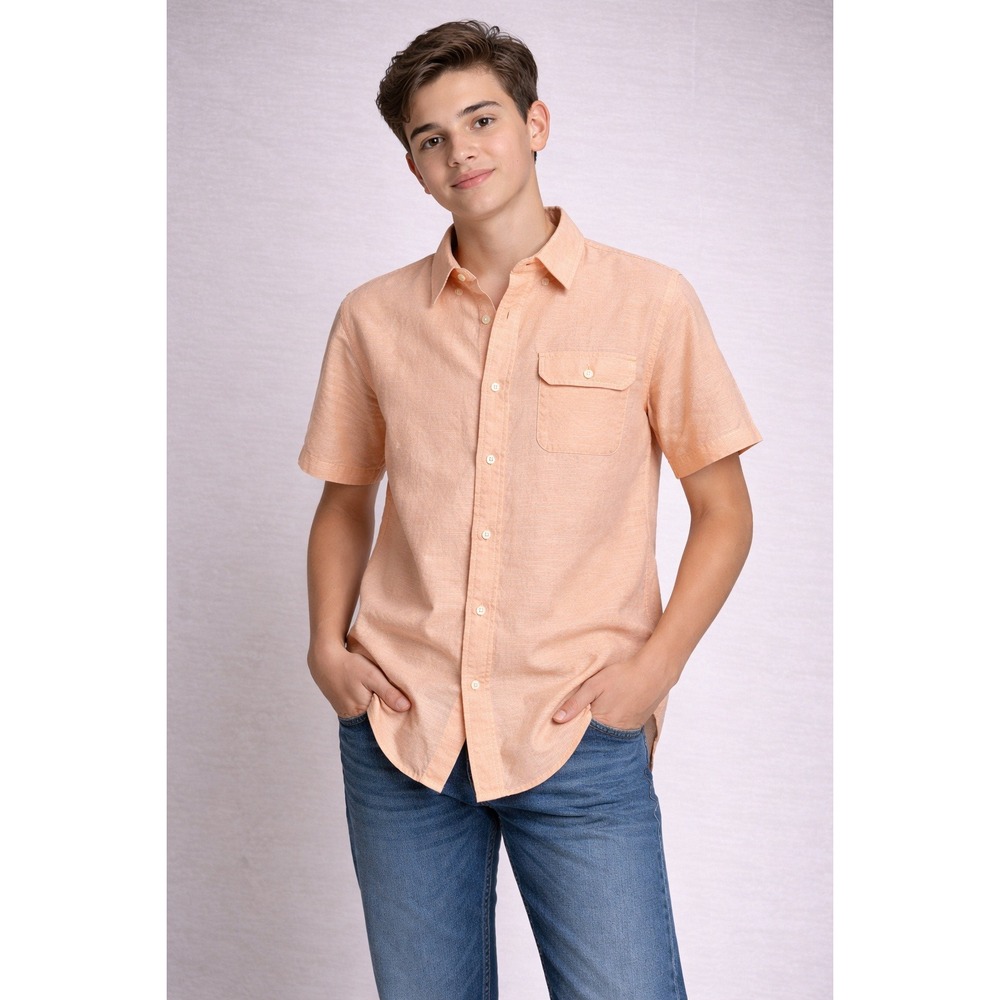Old Navy Button Down Shirt Kids XL Orange Linen Blend Short Sleeve Casual‎
